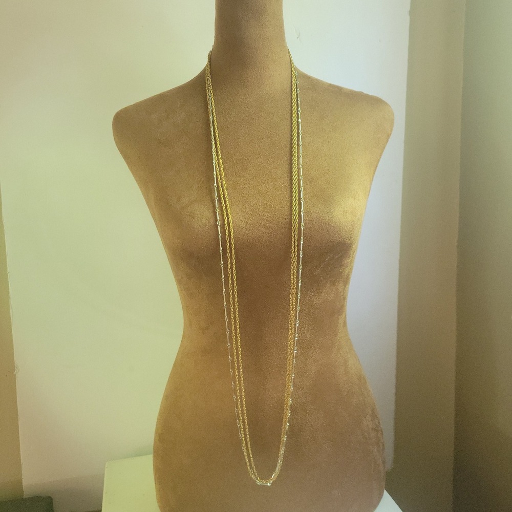 Vintage Two Tone Multi Strand Long Layering Rope Bar Chain Necklace 46" Eclectic